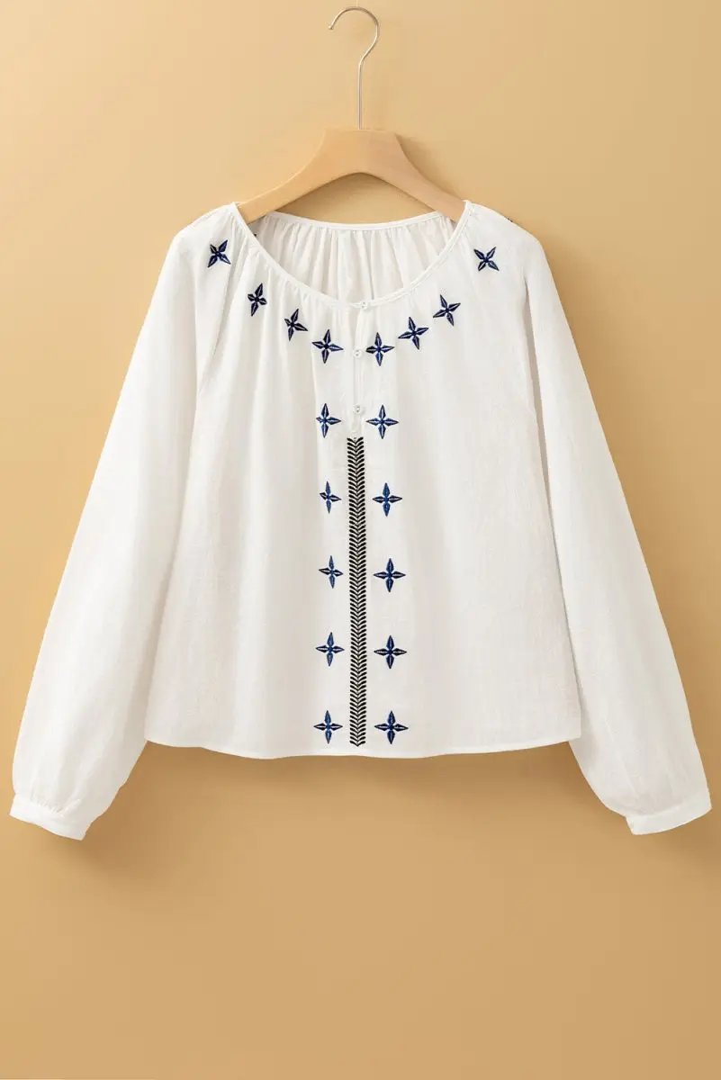 White Geometric Embroidered Long Sleeve Blouse for Women - Love Salve